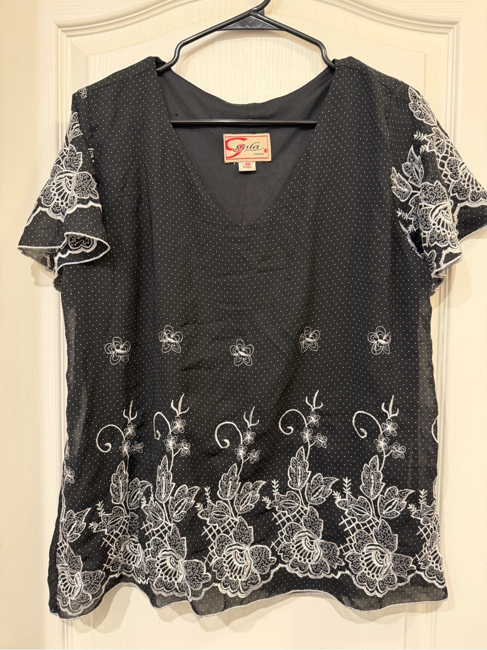 Black V-Neck Short Sleeve Blouse with White Floral Embroidery
